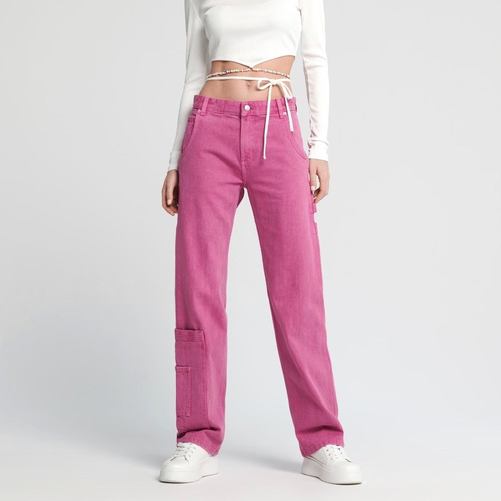 Sinsay Denim Carpenter‎ Wide Leg Pink Jeans Utility Pants 6 Baggy Festival Femme